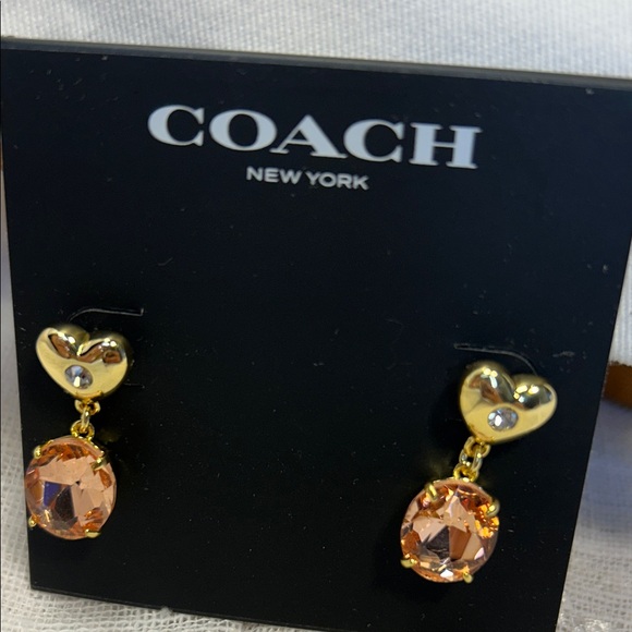 NWT Coach Gold Heart Earrings with Orange Gemstones - Picture 7 of 9